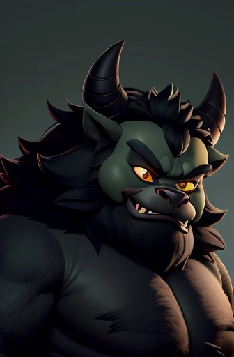 masterpiece, best quality, furry monster, fully covered in black fur, green face, black fur, fangs, horns, big, tall, fat, ugly, cute, Indonesian, wearing rags, simple background, solo, upper body