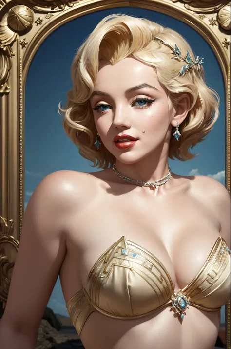 "Generate an AI image depicting Marilyn Monroe transformed into a mythical Greek goddess, incorporating elements of classic Greek mythology and aesthetics."