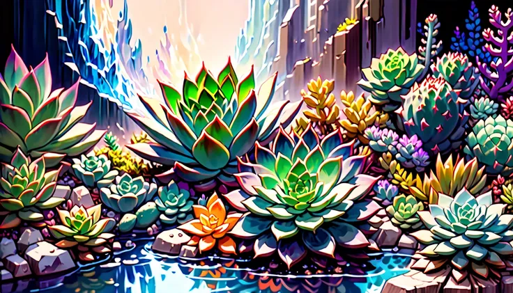 ethereal beauty, vibrant colors burst forth, magical energy emanating, maintains an impeccable clarity, delivering a visually stunning, stunning dark fantasy ice ruler is dark_beauty_succulents, stunning extremely detail gouache, cool slim shaped, sharp fe...