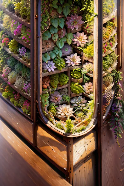 variety of colorful succulent plants, in a large rattan pot, vibrant and healthy, beautifully arranged, with grazing sunlight ge...