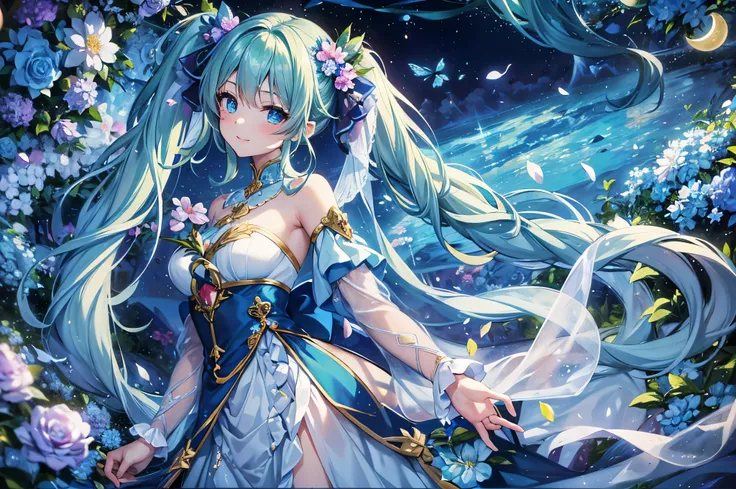 Girl Standing In The Middle. adorable smiling、
Light blue long hair、Hairstyle is Twintails、
If the sea of flowers were as beautiful as a dream, Then the girl was the dream of all beautiful dreams.

her eyes were as bright as her teeth. She&#39;At first gla...