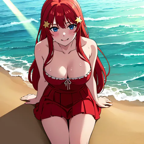 Point of view, (from above), exterior, rays of light, day, sea, beach, glow, thighs, clavicle, (masterpiece), 1 girl, alone, bikini, red ruffled blouse, red ruffled skirt, Itsuki nakano, NSFW, wide angle, 1 girl, blushing, makeup, sweaty, dull red lipstick...