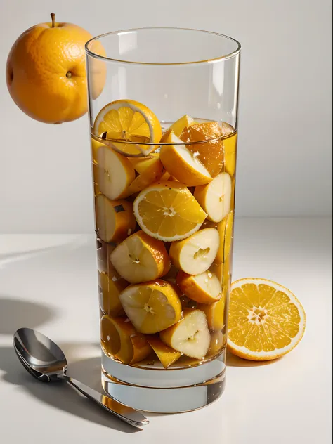 （Best quality，8K，Masterpiece：1.3），NOhumans，Clear glass，There are a lot of sliced pear in it、Oranges cut into cubes, blend, detalhe poderoso, intense detail, on the white background, Clear detail, professional,（Hyper-realistic：1.3）