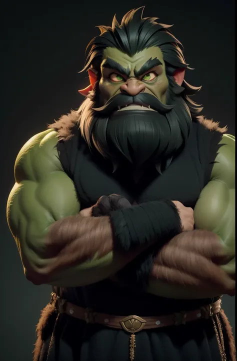 masterpiece, best quality, 1 monster, hairy, green skin, black fur, big, tall, fat, horns, fangs, ugly, scary, Indonesian, wearing rags, simple background, solo, upper body