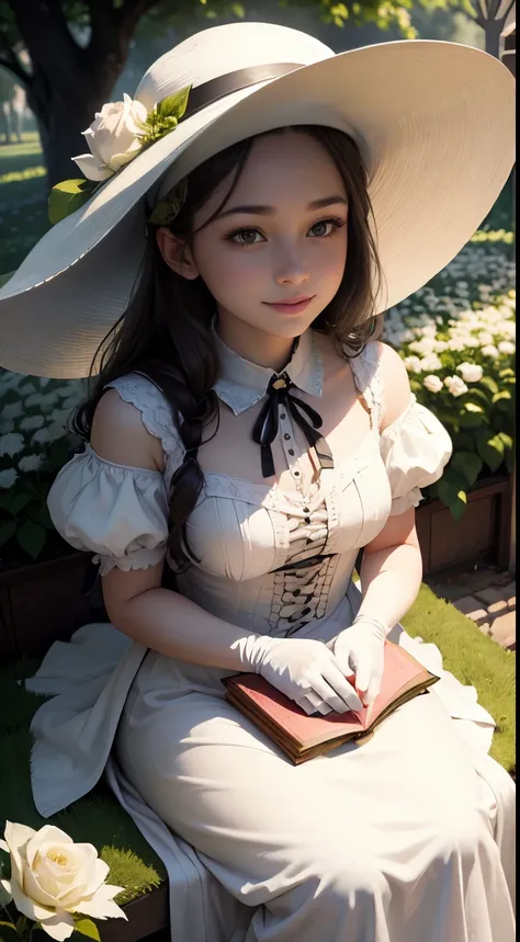 Beautiful young witch sitting on green grass, The girl smiles sweetly, His face is illuminated by the bright rays of the sun, The girl is dressed in a white dress, wide-brimmed witch&#39;s hat on the head, The perfect female face of the goddess, Деталь 8k,...