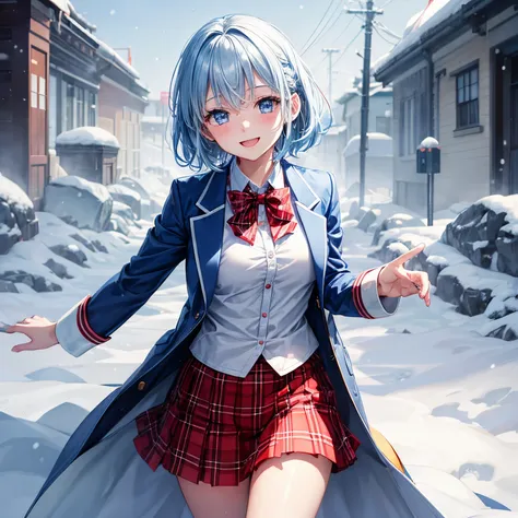 one girls、animations、snowscape、winter sky、short-hair、pale blue hair、blue eyess、coat、blazers、(Plain white shirt)、(red bowtie)、(Red plaid skirt)、Black stockings、A smile、red tide、hightquality、best qualtiy、