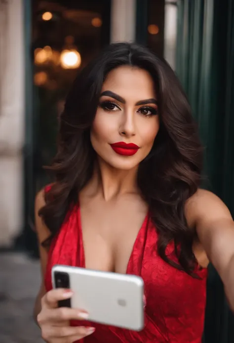 bueatiful mexican women with dark hair big cleavage taking selfie at a date in the city in a sexy dress alone red dress big lips pink lipstick makeup eye lashes at resturant