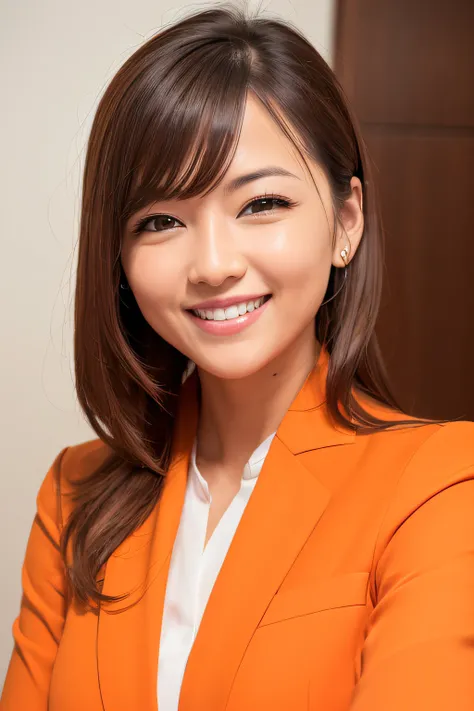 ((smiling woman in Orange suit)), ((wear with white shirt)),  professional closeup photo, detailed professional photo, ultra hd,