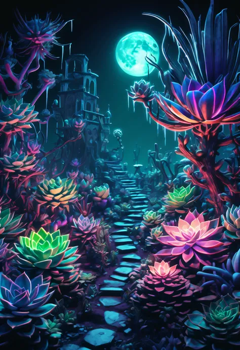 nightmare succulents neon glow garden in the midst of a dark fantasy world, character straight out of a dark fantasy game, shining suspiciously a testament to its fearsome power, mysterious aura of exquisite detail, exudes both terror and awe, surroundings...