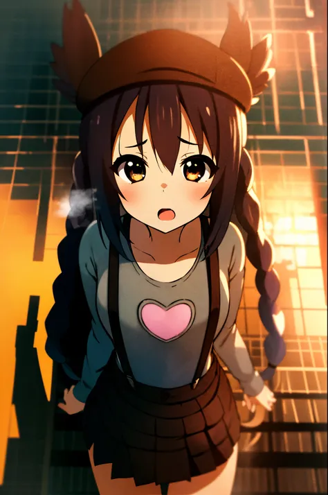 1girl, (((​masterpiece))), top-quality, top-quality, high détails, nakano azusa, 1girl, Twin-tailed, length hair, A dark-haired, brown-eyed, Gray T-shirt.suspenders.a black skirt.illustratio, comic strip, soothing tones, Subdued Color, Soft cinematic light...