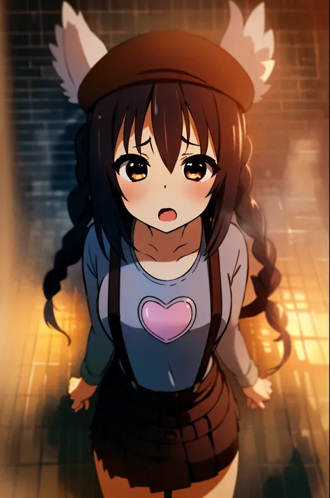 1girl, (((​masterpiece))), top-quality, top-quality, high détails, nakano azusa, 1girl, Twin-tailed, length hair, A dark-haired, brown-eyed, Gray T-shirt.suspenders.a black skirt.illustratio, comic strip, soothing tones, Subdued Color, Soft cinematic light...