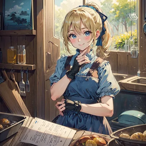 (masterpiece, best quality:1.2), cowboy shot, solo, 1girl, piper, smile, looking at viewer, (hand on own cheek:1.2), blonde hair, ponytail, blue dress, puffy short sleeves, fingerless gloves, kitchen