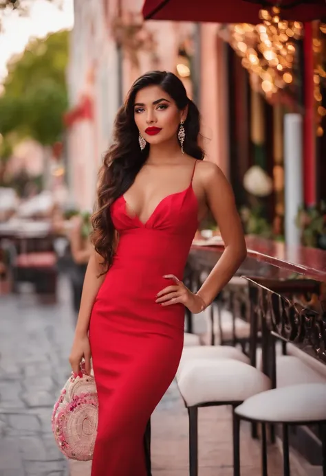 bueatiful mexican teen big cleavage taking posing at a date in the city in a sexy dress alone red dress big lips pink lipstick makeup eye lashes at resturant