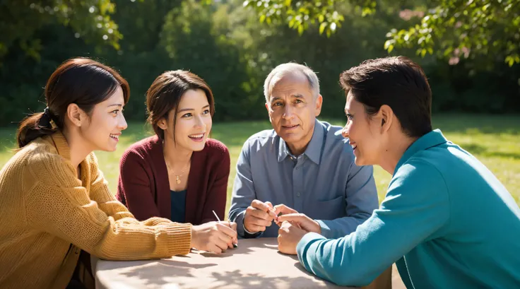 Jehovahs Witnesses、chatting at a gathering、Middle-aged man、Middle Age Woman、older man、Older woman、high-level image quality、high-detail