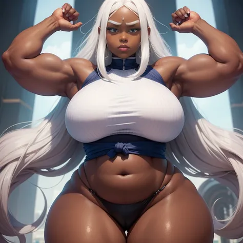 Dark skin, giantess, strongfat, ssbbw, obese, strong arms, white hair, blue eyes, mawashi, tall, looming over viewer, soft smile, sumo