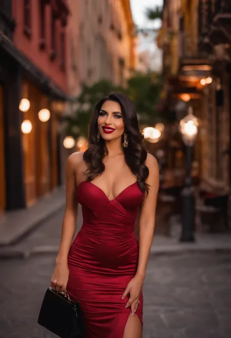 bueatiful mexican women with dark hair big cleavage taking selfie at a date in the city in a sexy dress alone red dress big lips pink lipstick makeup eye lashes at resturant cute purse at night small dress