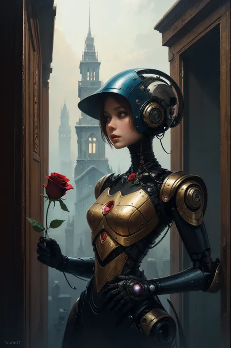 lonely robot romantic in love, holding a rose ,surreal and fantasy storytelling art, (Art Andrew Ferez) Palette knife-oil painting,
((tmasterpiece)), extreme hight detail, perspective, 8K