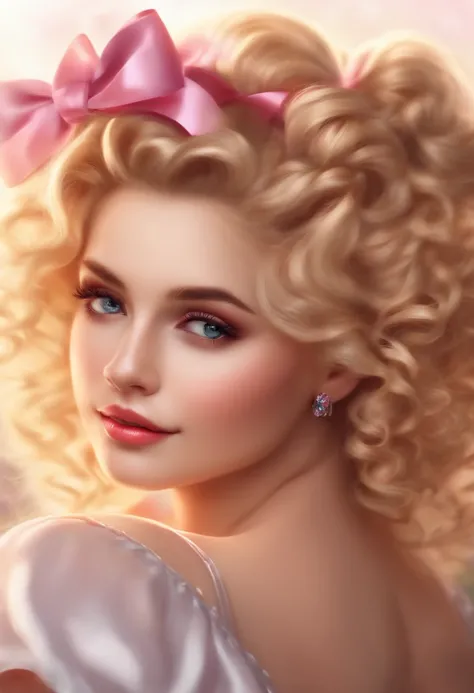 Create young woman with the name Candy, blonde, curly hair with 2 bow tails on the sides, shoulder-length hair, perfect