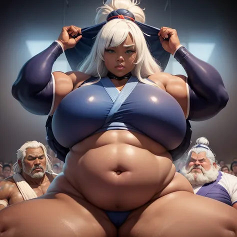 Dark skin, giantess, strongfat, ssbbw, obese, strong arms, white hair, blue eyes, mawashi, tall, looming over viewer, soft smile, ((sumo wrestler)) , gigantic, insanely large belly, sweaty