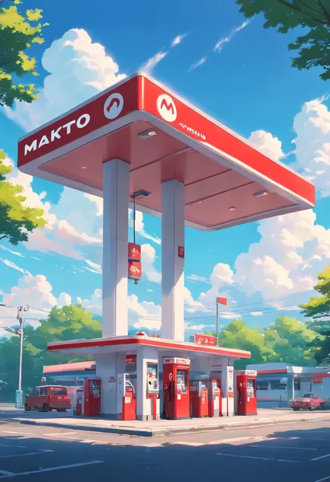 Red gas station under blue sky and white clouds，The distant view is of buildings and trees，Bright colors，white backgrounid，Flat style