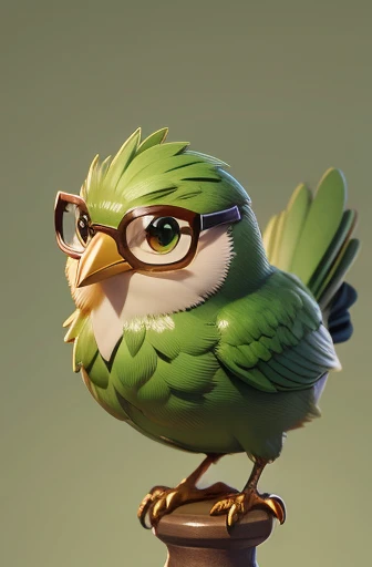 masterpiece, best quality, 1 green bird, cute, small, round body, cute face, sassy, Indonesian aesthetic, glasses, golden armor, simple background, solo