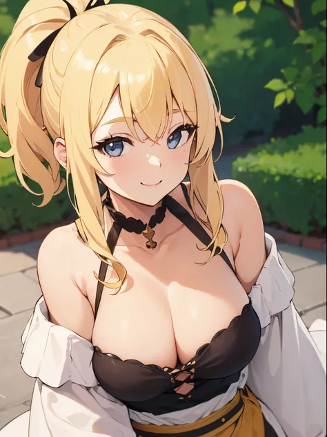 (Best quality:1.3), Blonde hair double ponytail, Large breasts, off-the-shoulder shirts, LOP, Smiling, (Perspectives, closeup cleavage)