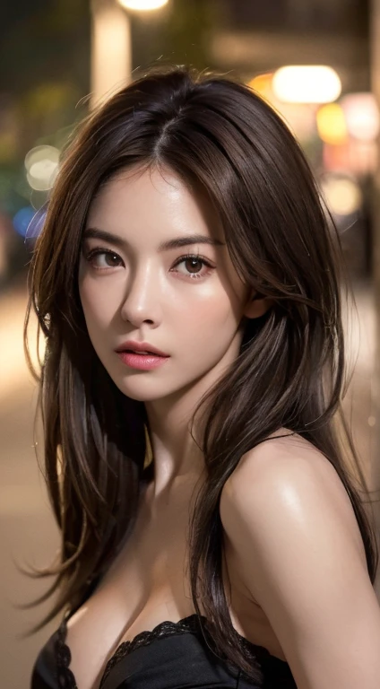 ((Realistic lighting, top quality, 8K, Masterpiece: 1.3)), Clear Focus: 1.2, 1 girl, Perfect Body Beauty: 1.4, Slim Abs: 1.1, ((Dark Brown Hair, Big: 1.3)), (Accelerate: 1.4), (Outdoor, Night: 1.1), Street, Ultra Slender Face, Fine Eyes, Double Eyelids, Ex...