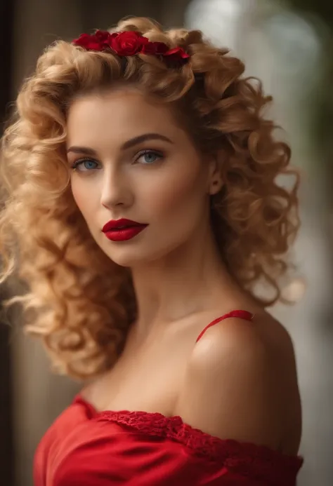 Crear mujer joven con el nombre Candy, rubia, curly hair with 2 red bun tails on the sides, cabello hasta los hombros, classic knee-length dress in red, realista, perfecto