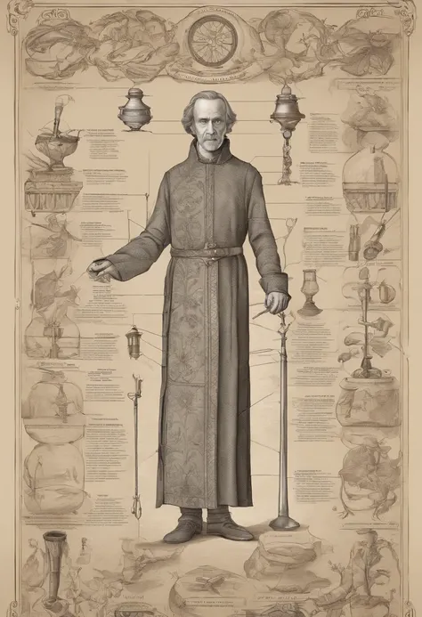 An intricate diagram of human anatomy drawn on a large scroll, with various surgical tools and jars of preserving fluids scattered around it.,Game of Thrones,Qyburn is an older man, wears a maesters robe and chain, famously portrayed by Anton Lesser