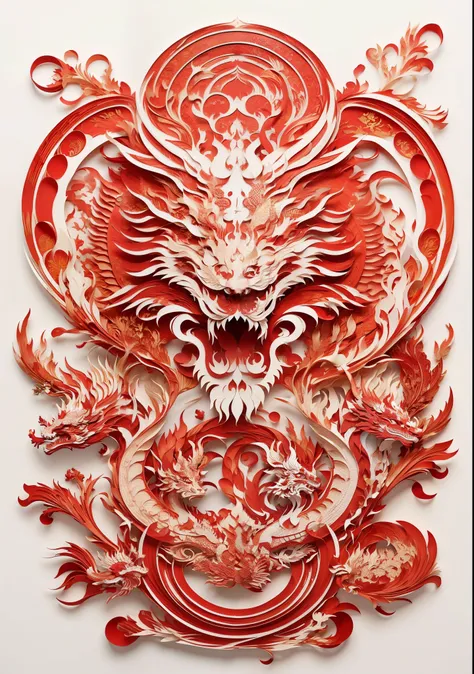 close up of red paper cut of dragon, arte em papel cortado, author：ghana tour, chinesedragon, chinese dragon engrave, red dragon...