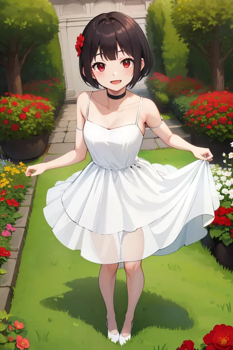 masterpiece, best quality, highres, aarurutie,1girl, wedding dress, white dress, standing, garden, smile, open mouth, short black shine hair, red eyes, red choker