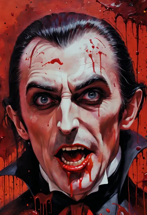 Colorful painting by Count Dracula,Composition in the play，Character frontal，filmposter，Close-up of people， Extreme close-up, Halloween-themed aesthetics, blood spatter, Nicolas Samori style