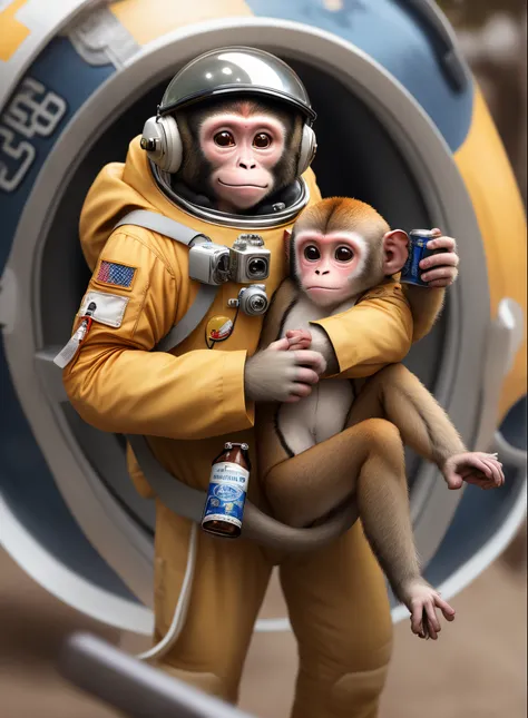 A capuchin monkey with astronaut helmet on carrying a Colt 45.