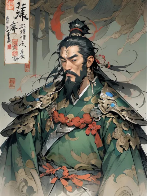 (((China-style，Ink painting method，Half-length portrait，Intense color，Han dynasty, China，Hanfu，Armor，Guan yu，Guan Yunchang，of a guy，Ruddy killing square face，Hold the Blue Dragon Moon Knife in his right hand，Stroke your beard with your left hand，Long hair，...