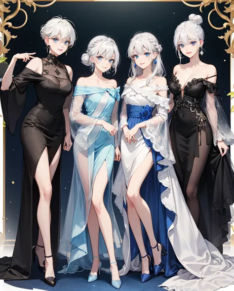 White hair、beautiful dark blue eyes、drooing eyes、With bangs、Braiding、Bun、Cute face、cool、ssmile、Moles under both eyes、silver earrings on both ears、de pele branca、off-the-shoulder black dress、blue gradient dress、Moderate breasts、Has transparent sleeves、Black...