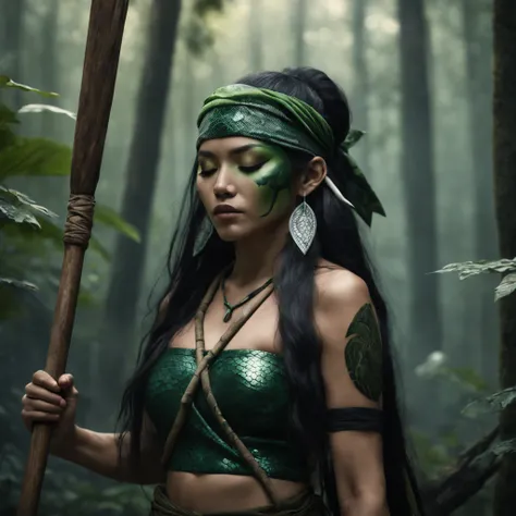 si buta dari gua hantu, a warrior, closed eyes, long hair, bandana headband, dark eyeshadow, wielding wooden stick, green snake scale costume, on the forest, cinematic style, realistic