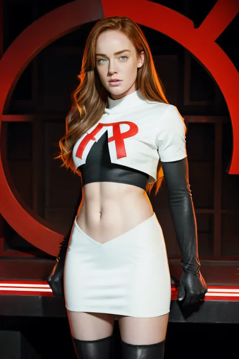 face of caity lotz, 1girl,team rocket,team rocket uniform, red letter r, white skirt,white crop top,black thigh-highs,black elbo...