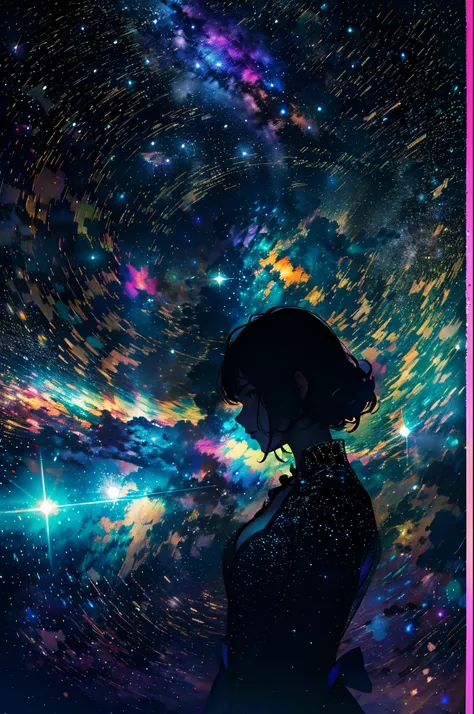 double contact，Oliver Morris double exposure photography style，Couple silhouette，Close-up cleavage，Sparkling starry sky，Colorful，vivd colour，a true，フォトリアリスティック，k hd，8K分辨率，tmasterpiece