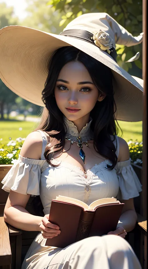 Beautiful young witch sitting on green grass, The girl smiles sweetly, His face is illuminated by the bright rays of the sun, The girl is dressed in a white dress, wide-brimmed witch&#39;s hat on the head, The perfect female face of the goddess, Деталь 8k,...