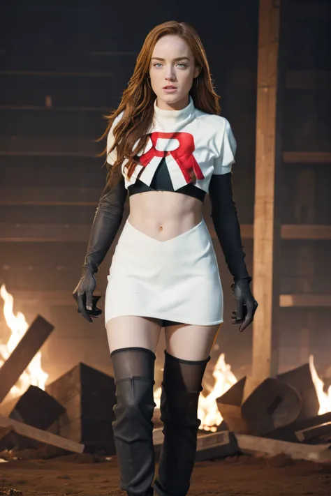 face of caity lotz, 1girl,team rocket,team rocket uniform, red letter r, white skirt,white crop top,black thigh-highs,black elbo...