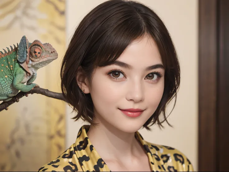 113
(a 20 yo woman,is standing), (A hyper-realistic), (high-level image quality), ((beautiful hairstyle 46)), ((short-hair)), (Gentle smile), (brest:1.1), (wild animal print clothing), (There is a chameleon), (lipsticks)