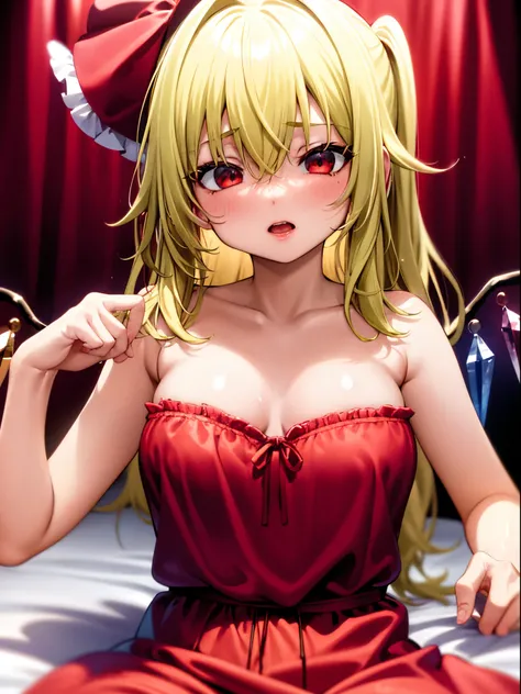 On the table, Best quality at best, 1 girl in,Flandre Scarlet,Blonde side ponytail、bedroom background、I&#39;m wearing a white thug hat、There are colorful feathers、The upper body is naked、ＨCup breasts、Red blush