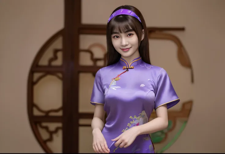 Asian women around 20 years old，Tremendously beautiful，Straight facial features，The proportions of the limbs are very coordinated，Handkerchief in hand，Purple national style cheongsam，watery big eyes，Wearing purple headband，With a smile，Exquisite panorama，E...