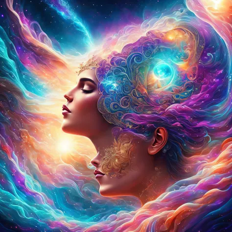 Plunge into the ether that flows with the eternal soul through the vibrations of love, Everything is connected, Flowing energy, spiritual, divine, Dreams, cosmic, concept-art, Blowing the Mind, Female beauty, god, Pineal gland, dreamlikeart