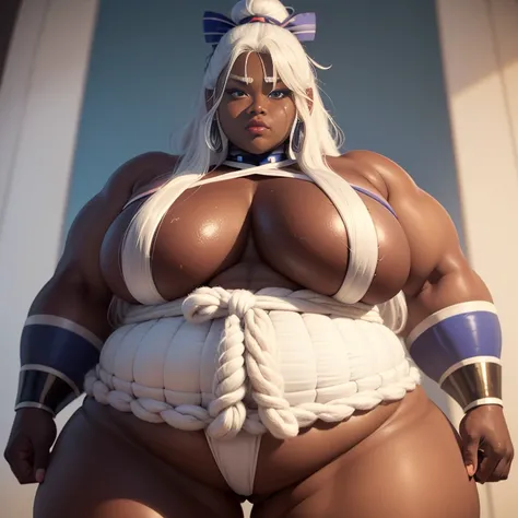 Dark skin, giantess, strongfat, ssbbw, obese, strong arms, white hair, blue eyes, mawashi, tall, looming over viewer, soft smile, ((sumo wrestler)) , gigantic, insanely large belly, sweaty