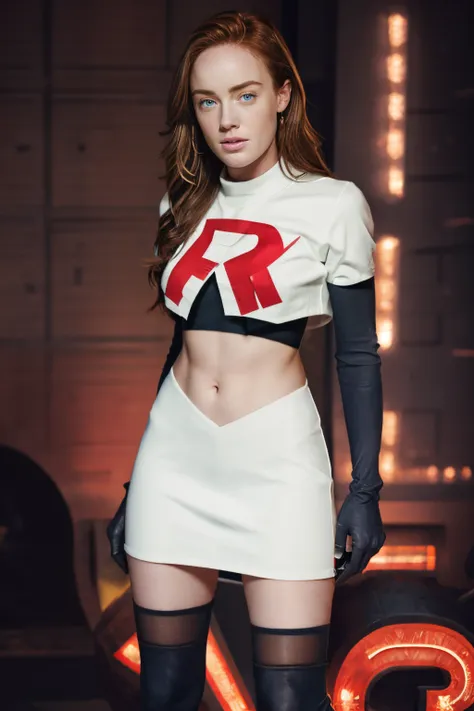 face of caity lotz, 1girl,team rocket,team rocket uniform, red letter r, white skirt,white crop top,black thigh-highs,black elbo...