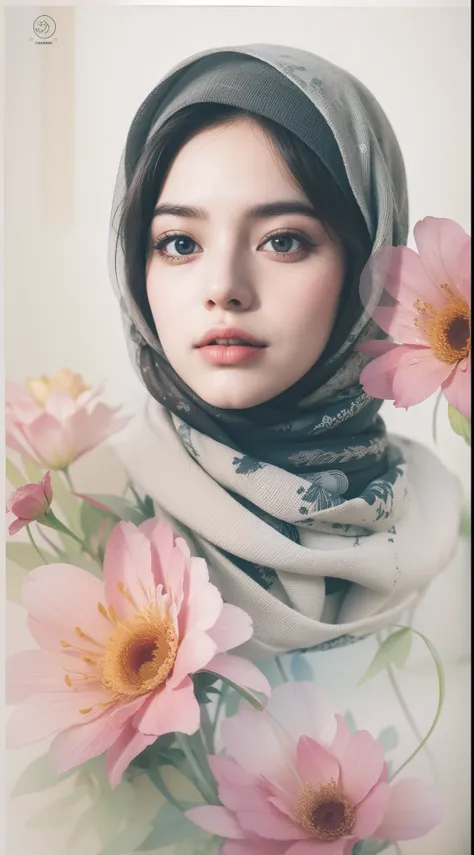 Combine a delicate flower pattern with the contours of a Malay girl in hijab, creating an elegant and artistic double exposure composition, double exposure poster style,