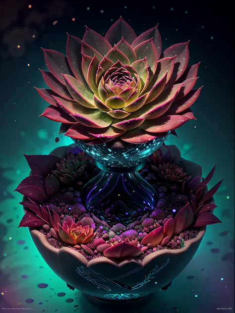 there&#39;s a succulent that glows in the dark，glowing succulents，glowing succulent flowers，crystal chalice placed on succulents...