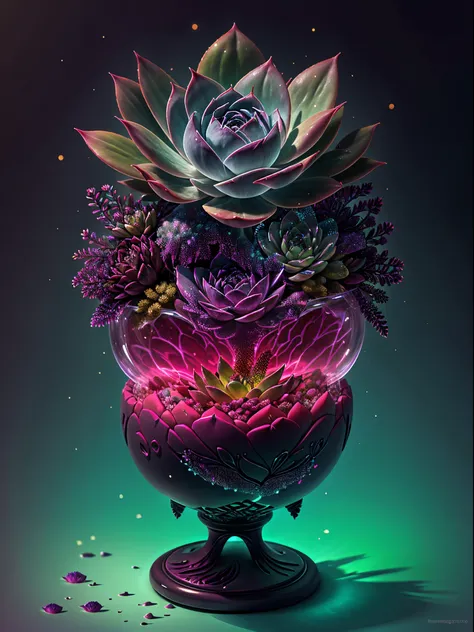 There&#39;s a succulent that glows in the dark，glowing succulents，Glowing succulent flowers，Crystal chalice placed on succulents，Amazing colorful succulent flowers，Surreal pregnant flower，glowing neon succulents，Glowing delicate succulent flowers, ，Ghibli-...