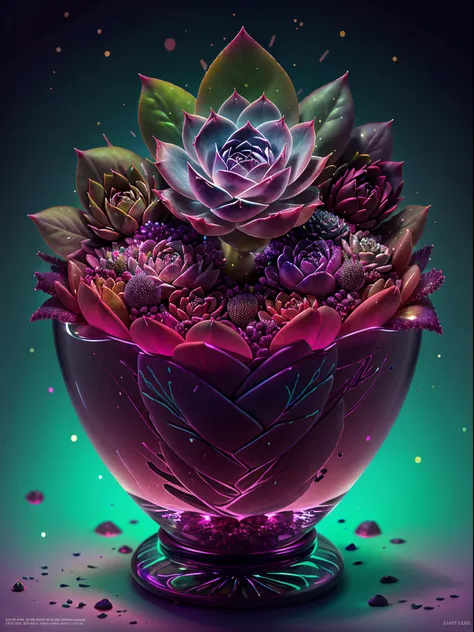 There&#39;s a succulent that glows in the dark，glowing succulents，Glowing succulent flowers，Crystal chalice placed on succulents，Amazing colorful succulent flowers，Surreal pregnant flower，glowing neon succulents，Glowing delicate succulent flowers, ，Ghibli-...